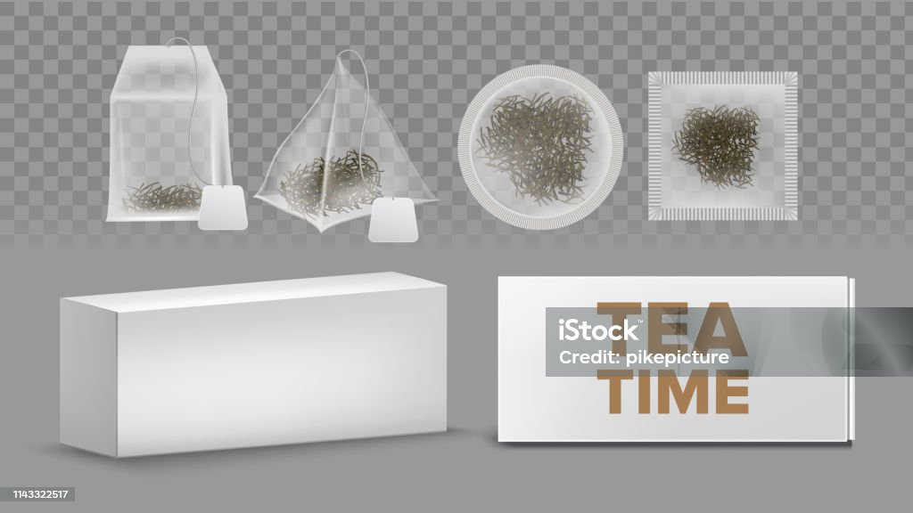 Teabags Mockups With Labels Various Shapes Vector Set Teabags Mockups With Labels Various Shapes Vector Set. Rectangle, Circle, Square, Pyramid Teabags Isolated Cliparts Pack. Blank Tea Box. Black, Green, Herbal Tea 3D Realistic Illustration Teabag stock vector