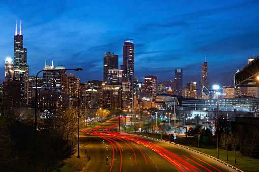 Image of modern dynamic city of Chicago at twilight.