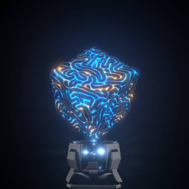 core of quantum computer. cubic brain for artifactual intellect. 3d illustration - motor neuron imagens e fotografias de stock