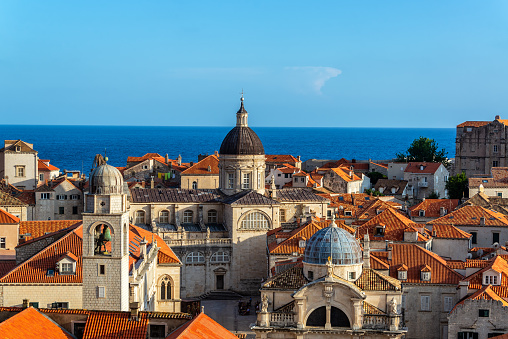 Cityscape view of Dubrovnik, Croatia with the clocktower, Church of St. Blaise, and the cathedral visible