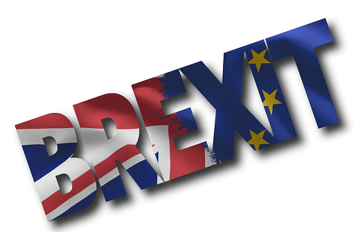word BREXIT filled with UK flag Union Jack and European Union flag against white background