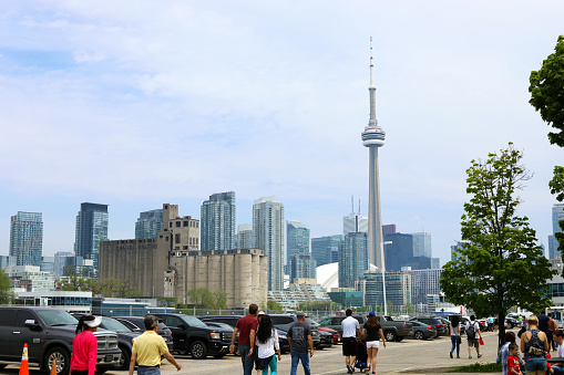 Toronto, Ontario, Canada - May 26, 2018: Beautiful views of downtown Toronto from Toronto Billy Bishop Airport during Doors Open Toronto Event in May 2018. Toronto and Lake Ontario. Ports Toronto and Billy Bishop Aitrpot.