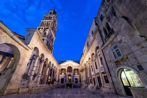 Peristyle in Diocletian's Palace during the blue hour in Split, Croatia