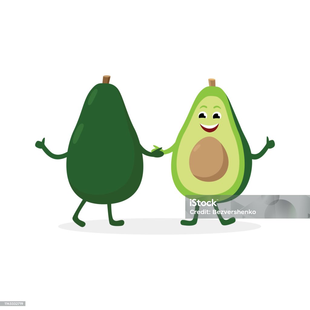 Avocado cartoon character isolated on white background. Healthy food funny mascot two parts of halved avocado, vector illustration in flat design. Avocado cartoon character isolated on white background. Healthy food funny mascot two parts of halved avocado, vector illustration in flat design Avocado stock vector