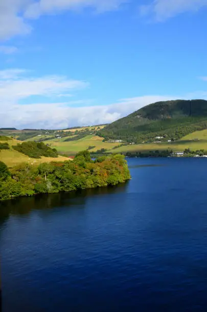 Rolling hills surrounding Loch Ness in Scotland.
