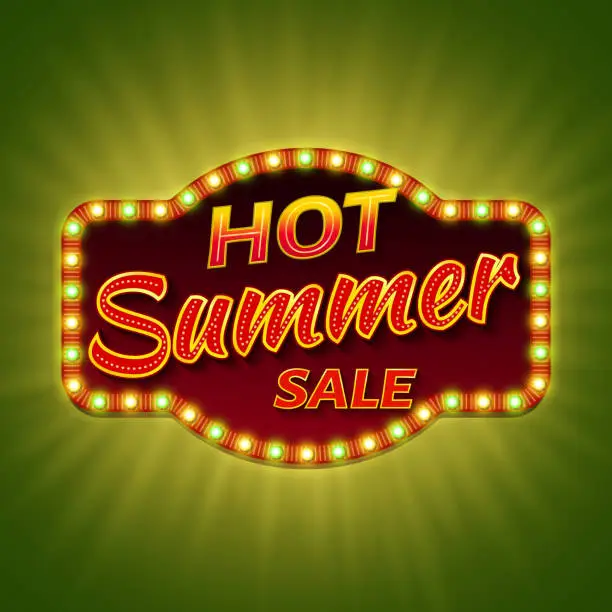 Vector illustration of Hot summer sale. 3d retro light banner with shining bulbs. Red sign with green and yellow lights on dark background. Vintage street signboard. Advertising frame with glow. Vector illustration.