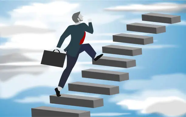 Vector illustration of Image of confident businessman with briefcase walking upstairs.Vector