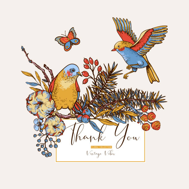 istock Vector vintage floral spring greeting card with birds, fir branches, cotton, flowers and butterflies 1143340047