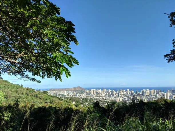 Mountain view of Diamondhead, Honolulu,  and Pacific ocean on Oahu, Hawaii.