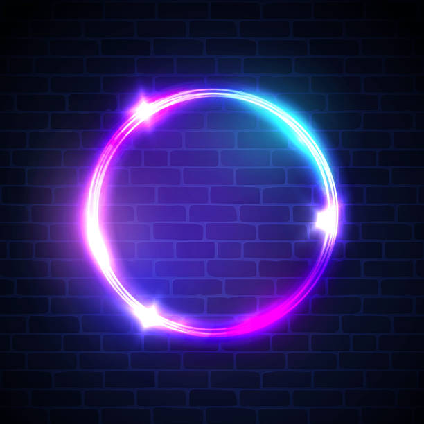 istock Glowing circle with neon lights on dark brick wall background. 3d neon light advertising tube banner with blank space for text. Night club electric sign. Round bright frame. Color vector illustration. 1143341754
