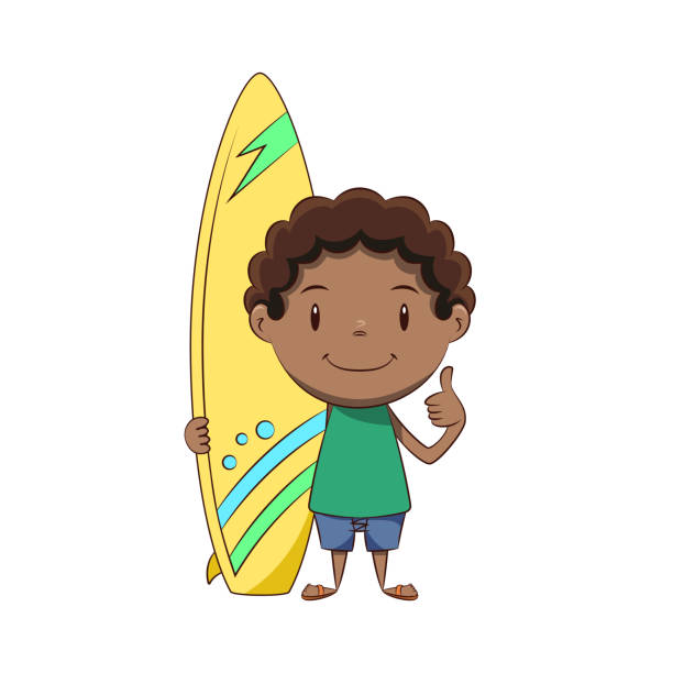 illustrazioni stock, clip art, cartoni animati e icone di tendenza di ragazzo che tiene la tavola da surf - human hand thumbs up african descent white background
