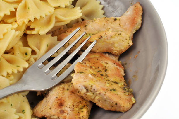 meat and pasta in close-up on a plate