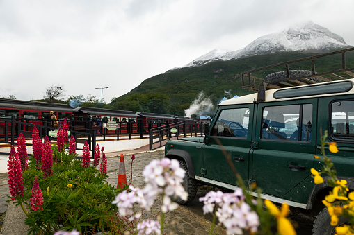 Ushuaia, Argentina- January 12, 2019: The colors of the flowers with a 4X4 vehicle at the Ferrocarril Austral Fueguino (FCAF), the southernmost functioning railway in the world, also known as the 'El Tren del Fin del Mundo' in Ushuaia - Argentina
