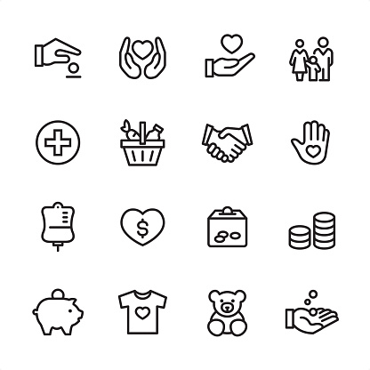 16 line black on white icons / Volunteer and Charity Set #96
Pixel Perfect Principle - all the icons are designed in 48x48pх square, outline stroke 2px.

First row of outline icons contains: 
Giving Money, Heart Protection, Heart in Human hand, Family;

Second row contains: 
Medical Cross, Basket of Food, Handshake, Volunteer;

Third row contains: 
Blood Donation Bag, Charity Heart, Donation Box, Coins Stack; 

Fourth row contains: 
Piggy Bank, Clothes Donating, Toys Donating, Receiving Hand.

Complete Inlinico collection - https://www.istockphoto.com/collaboration/boards/2MS6Qck-_UuiVTh288h3fQ