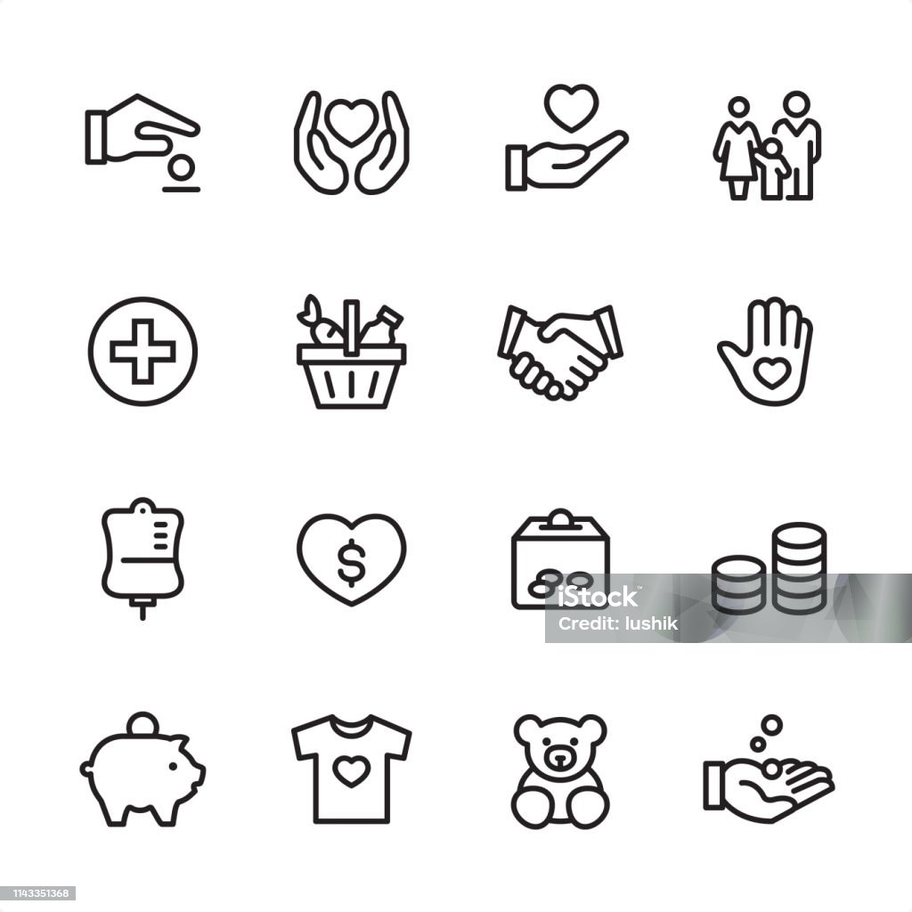 Volunteer and Charity - outline icon set 16 line black on white icons / Volunteer and Charity Set #96
Pixel Perfect Principle - all the icons are designed in 48x48pх square, outline stroke 2px.

First row of outline icons contains: 
Giving Money, Heart Protection, Heart in Human hand, Family;

Second row contains: 
Medical Cross, Basket of Food, Handshake, Volunteer;

Third row contains: 
Blood Donation Bag, Charity Heart, Donation Box, Coins Stack; 

Fourth row contains: 
Piggy Bank, Clothes Donating, Toys Donating, Receiving Hand.

Complete Inlinico collection - https://www.istockphoto.com/collaboration/boards/2MS6Qck-_UuiVTh288h3fQ Icon Symbol stock vector