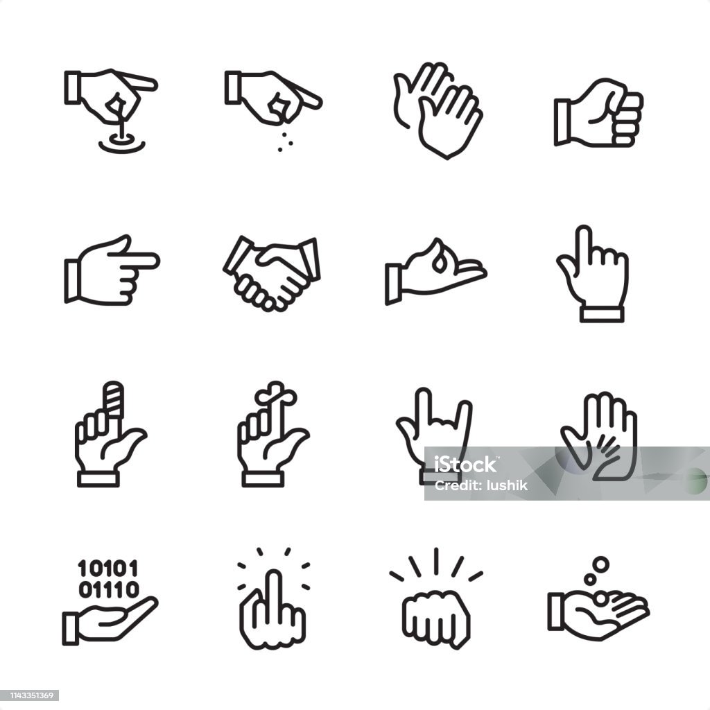 Hand Sign and Gesturing - outline icon set 16 line black on white icons / Hand Sign and Gesturing Set #94
Pixel Perfect Principle - all the icons are designed in 48x48pх square, outline stroke 2px.

First row of outline icons contains: 
Hand Pulling a String, Sprinkling Hand, Clapping, Fist;

Second row contains: 
Gun Sign, Handshake, Zen-like gesture, Pointing;

Third row contains: 
Bandaged Finger, Reminder, Horn Sign, A Helping Hand; 

Fourth row contains: 
Coding Hand Gesture, Obscene Gesture, Fist icon, Receiving Hand.

Complete Inlinico collection - https://www.istockphoto.com/collaboration/boards/2MS6Qck-_UuiVTh288h3fQ Sign Language stock vector
