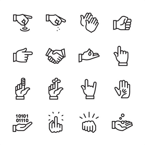 Hand Sign and Gesturing - outline icon set 16 line black on white icons / Hand Sign and Gesturing Set #94
Pixel Perfect Principle - all the icons are designed in 48x48pх square, outline stroke 2px.

First row of outline icons contains: 
Hand Pulling a String, Sprinkling Hand, Clapping, Fist;

Second row contains: 
Gun Sign, Handshake, Zen-like gesture, Pointing;

Third row contains: 
Bandaged Finger, Reminder, Horn Sign, A Helping Hand; 

Fourth row contains: 
Coding Hand Gesture, Obscene Gesture, Fist icon, Receiving Hand.

Complete Inlinico collection - https://www.istockphoto.com/collaboration/boards/2MS6Qck-_UuiVTh288h3fQ sign language icon stock illustrations