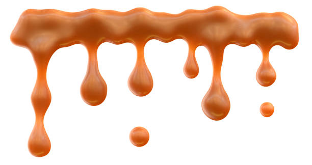 istock Dripping sweet melted caramel sauce or syrup drips isolated on white background. Clipping path included. 3D illustration 1143351546