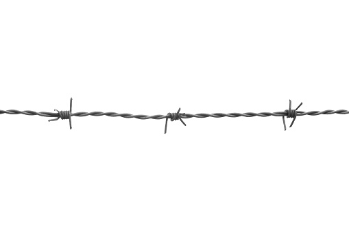 One line of gray barbed wire with three knots.