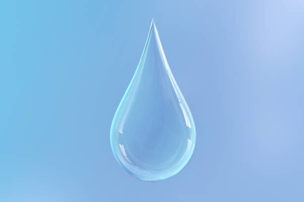 Fresh pure water drop on light sky color background. Clean transparent minimal liquid water ad design element background. Healthy drink, ecology and water saving concept. Clipping path. 3D render