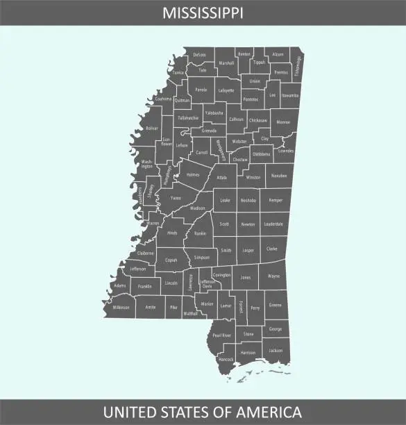 Vector illustration of Mississippi counties map