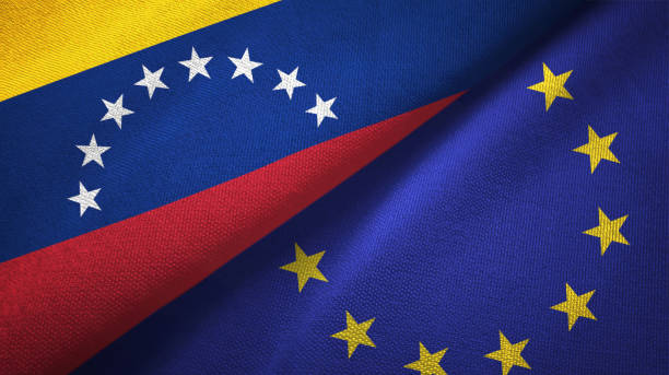 istock Venezuela and European Union two flags textile cloth, fabric texture 1143354106