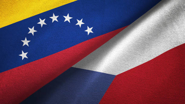istock Venezuela and Czech Republic two flags textile cloth, fabric texture 1143354211