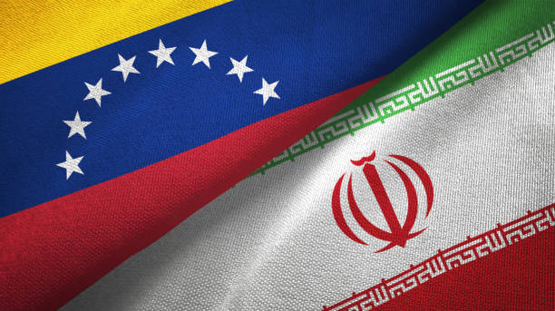 venezuela and iran two flags textile cloth, fabric texture - venezuelan flag imagens e fotografias de stock