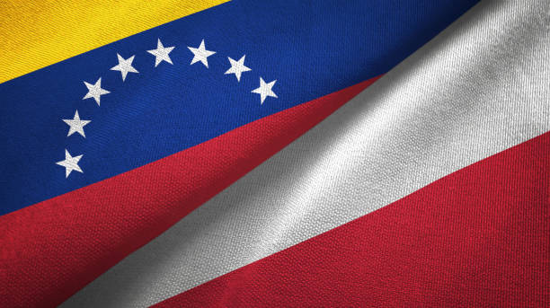 istock Venezuela and Poland two flags textile cloth, fabric texture 1143356313