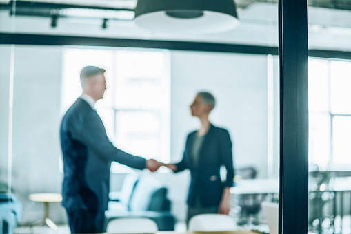 Defocused shot of a two business persons handshaking