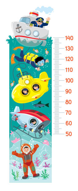 Under the sea meter wall or height chart Boat with captain, scuba diver, submarine, bathyscaphe, and diver, under the sea. Height chart or meter wall or wall sticker. Children vector illustration with scale 50 to 120 cm to measure growth submarine cartoons stock illustrations