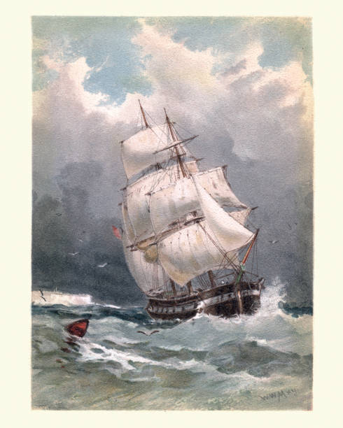 illustrazioni stock, clip art, cartoni animati e icone di tendenza di veliero vittoriano a vela completa in mare, xix secolo - 19th