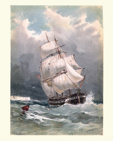 Vintage painting of a sailing ship under full sail at sea, white cliff of dover in the background, 19th Century, by Walter William May