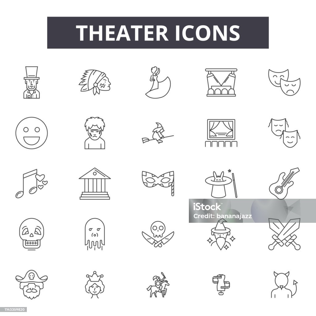 Linha ícones do teatro, sinais ajustados, vetor. Conceito do esboço do teatro, ilustração: teatro, entretenimento, DeMask, isolado, jogo - Vetor de Acidentes e desastres royalty-free