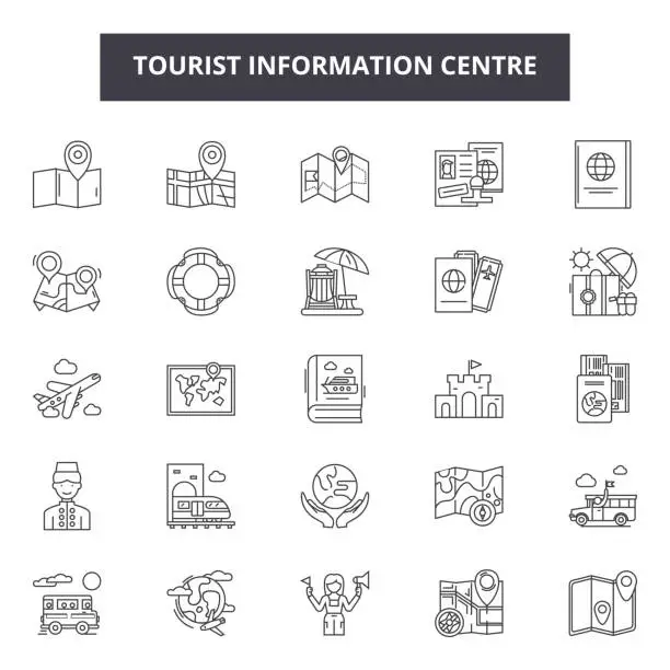 Vector illustration of Tourist information centre line icons, signs set, vector. Tourist information centre outline concept, illustration: information,tourism,center,tourist,travel,info,service