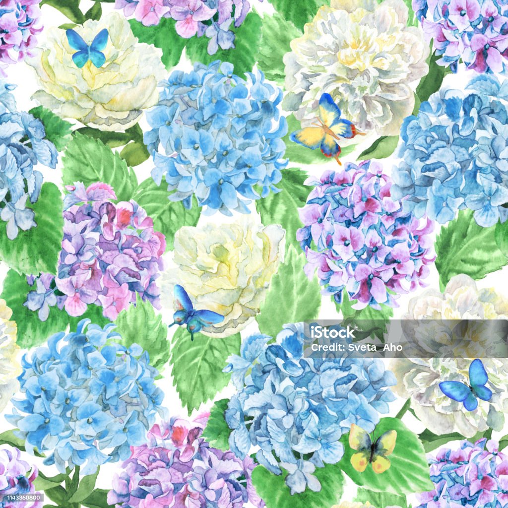 Hydrangea and peony Hydrangea and peony watercolor flowers. Floral seamless background Blue stock illustration