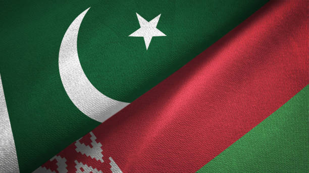 istock Pakistan and Belarus two flags textile cloth, fabric texture 1143362094