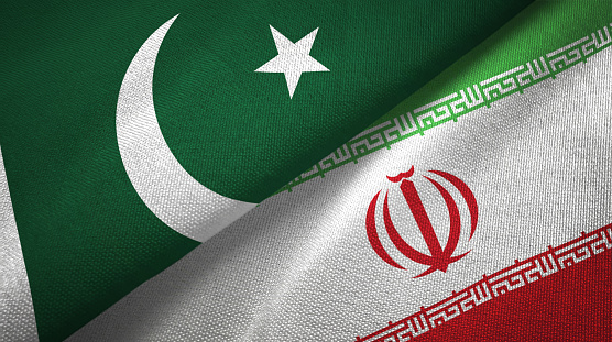 Pakistan and Iran flags together relations textile cloth, fabric texture