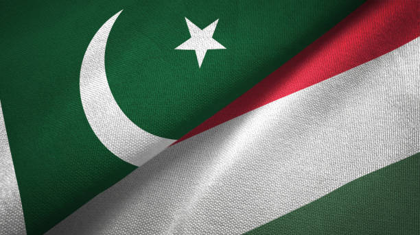 istock Pakistan and Hungary two flags textile cloth, fabric texture 1143362230