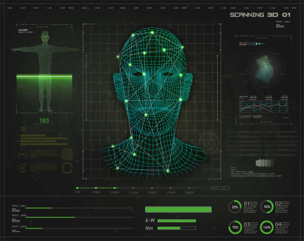 Artificial intelligence. Biometric identification or Facial recognition system concept in style HUD GUI. Concept of biometric technology, digital Face Scanning, human head. Futuristic green background Artificial intelligence. Biometric identification or Facial recognition system concept in style HUD GUI. Concept of biometric technology, digital flat bed scanner stock illustrations