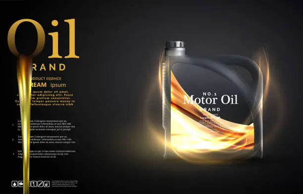 Vector illustration of Engine oil advertisement background. Motor oil on the light golden bokeh background with containers,Realistic 3D vector image. canister ads template with brand logo. Vector