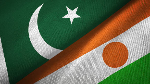 istock Pakistan and Niger two flags textile cloth, fabric texture 1143364410