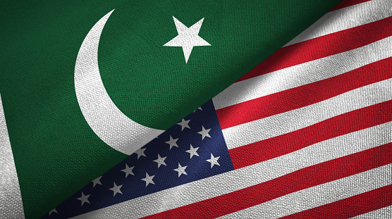 Pakistan and United States flags together relations textile cloth, fabric texture