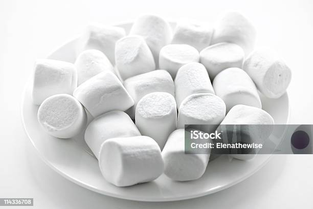 A Pile Of Marshmallows On A Plate Stock Photo - Download Image Now - Candy, Chewy, Close-up
