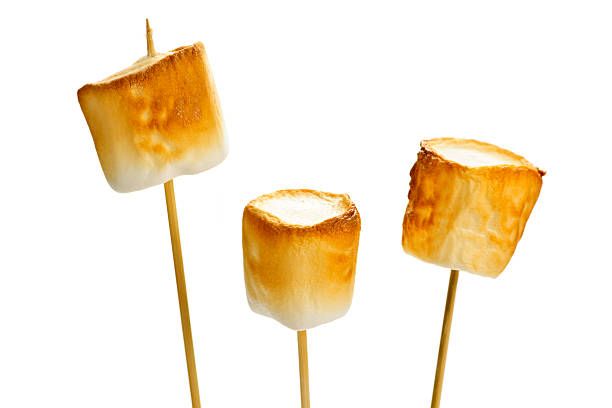 Toasted marshmallows Three golden toasted marshmallows on wooden skewers chewy photos stock pictures, royalty-free photos & images