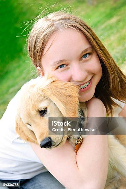 Menina Com O Cachorrinho - Fotografias de stock e mais imagens de Cachorrinho - Cachorrinho, Cão, Golden Retriever