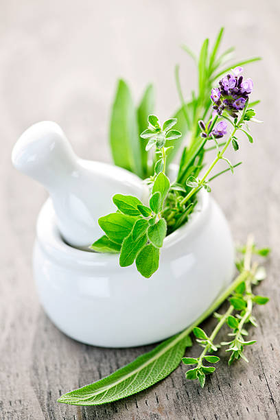 istock Healing herbs in white ceramic mortar and pestle 114336915