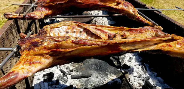 Photo of Grilling meat on a slow fire for popular food