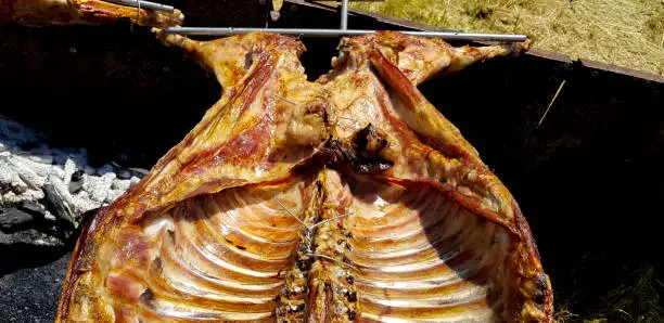 Photo of Grilling meat on a slow fire for popular food