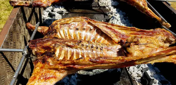 Photo of Grilling meat on a slow fire for popular food